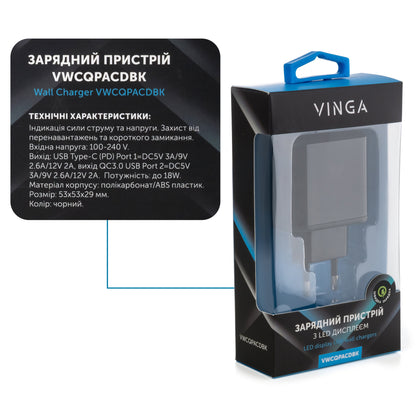 Зарядное устройство для Vinga 2 Port QC3.0+PD Display Wall Charger (VWCQPACDBK)