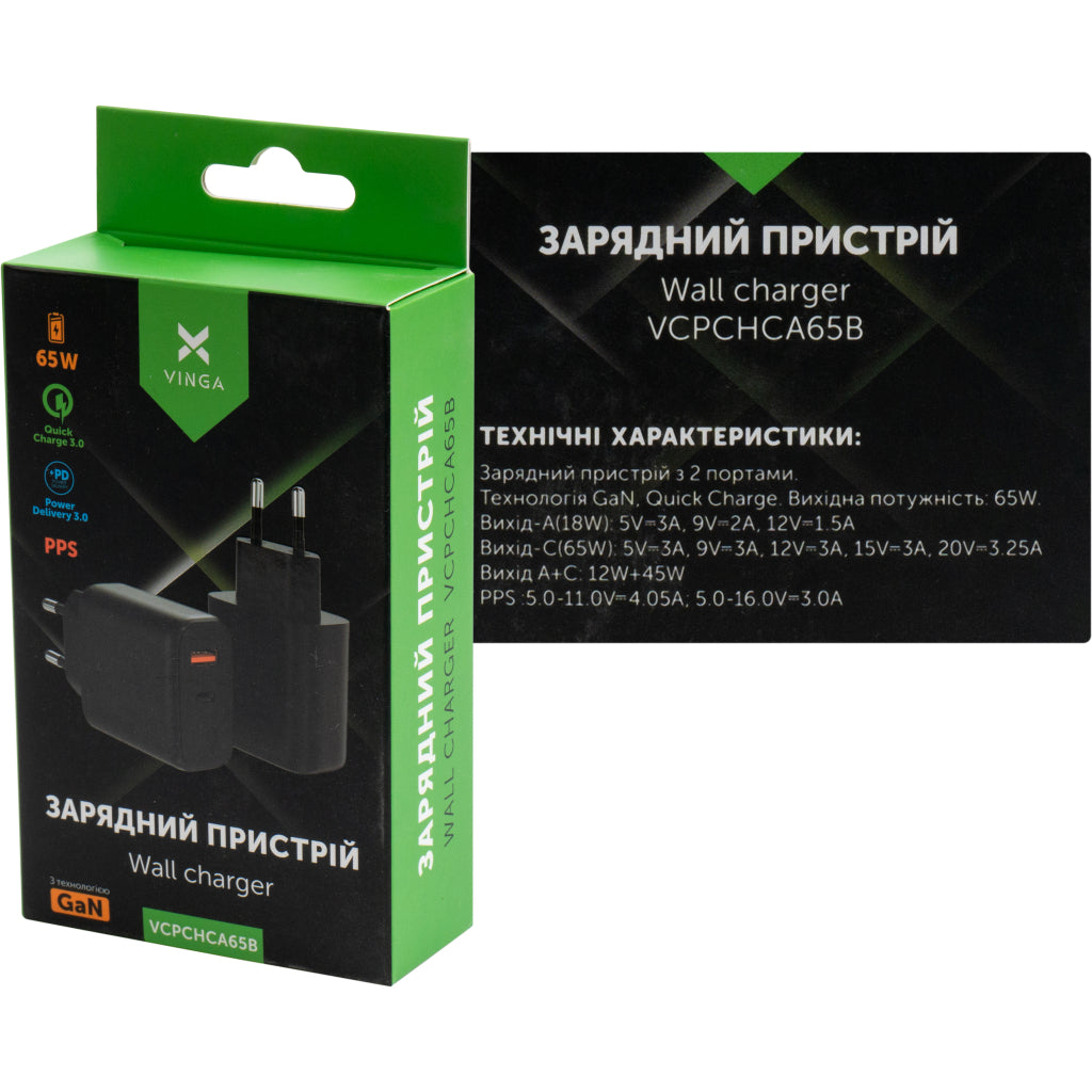 Зарядное устройство для Vinga GaN 65W PD+QC 1C1A (VCPCHCA65B)