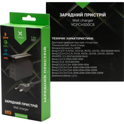 Зарядное устройство для Vinga GaN 100W PD+QC 3C1A ports (VCPCH100CB)