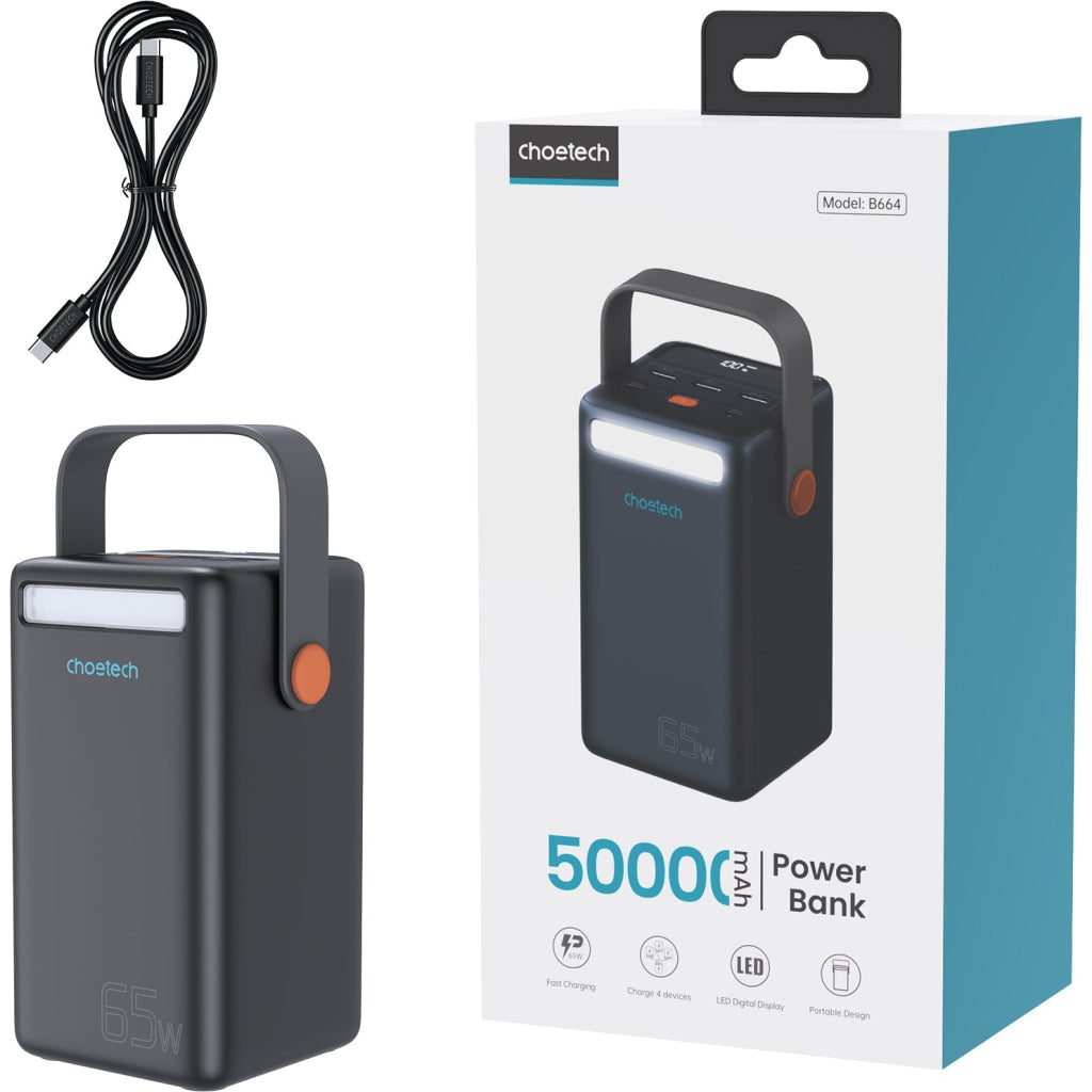 Универсальная батарея Choetech 50000mAh, PD/3.0/65W, QC/3.0/18W, USB-C, 3*USB-A, mirco USB, LED Light (B664-CCBE)