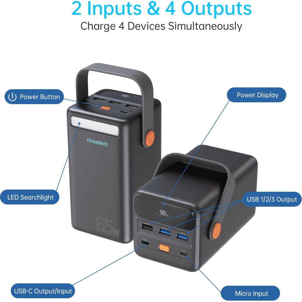 Универсальная батарея Choetech 50000mAh, PD/3.0/65W, QC/3.0/18W, USB-C, 3*USB-A, mirco USB, LED Light (B664-CCBE)