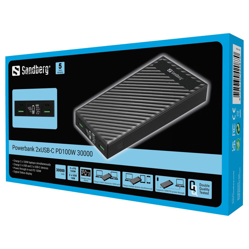 Универсальная батарея Sandberg 30000mAh, PD/100W, QC/3.0, UPS mode, +2 кабели 100W (420-87)