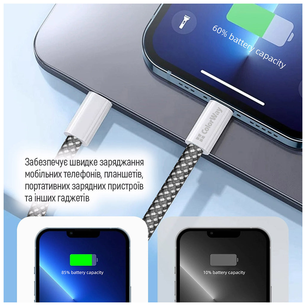 Дата USB-C кабель USB-C 1.0m 60W 3.0А black ColorWay (CW-CBPDCC061-BK)