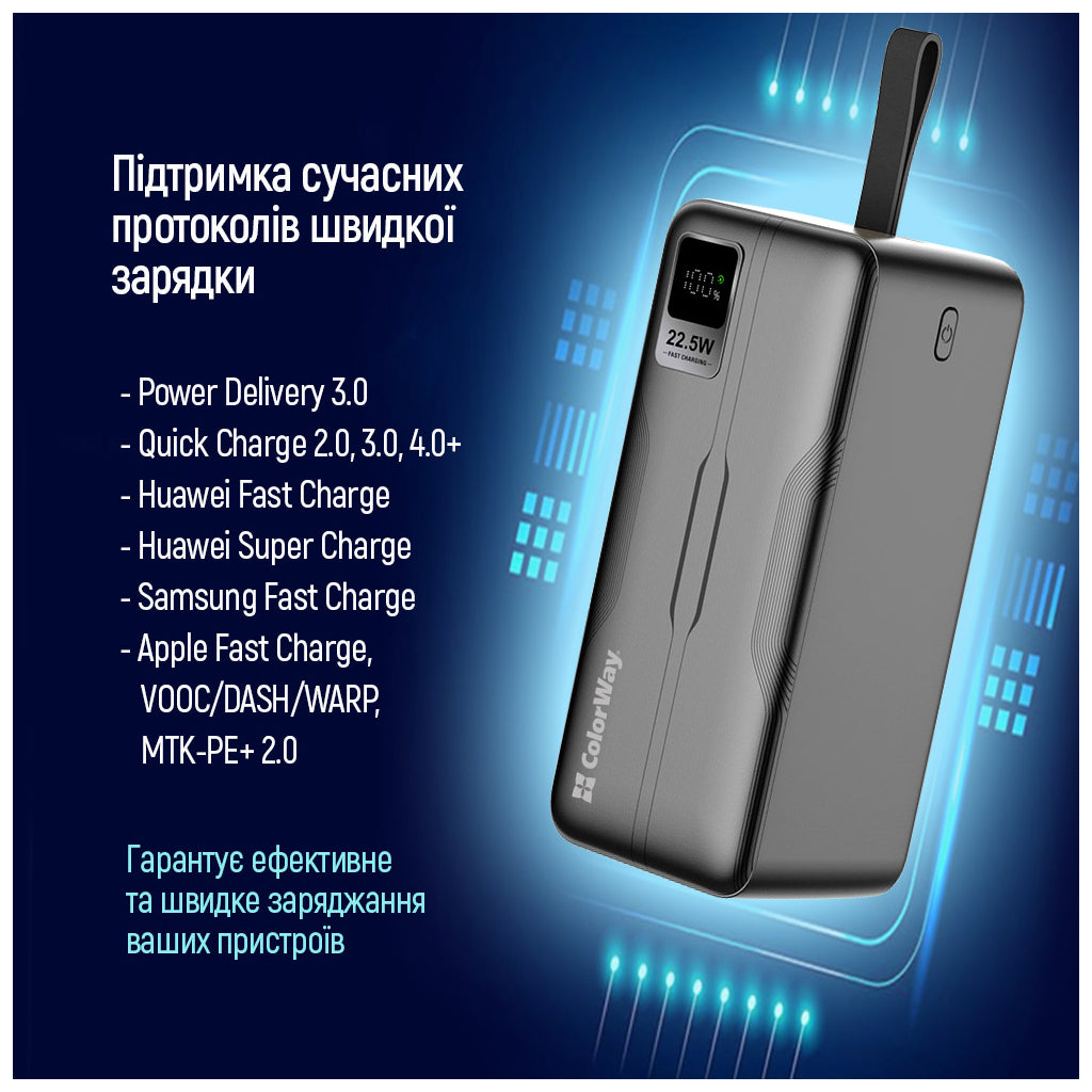 Павербанк ColorWay 50000 mAh PD/18W, QC3.0/22.5, Digital Display, Black (CW-PB500LPC5BK-PDD)