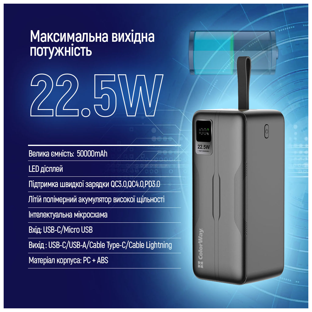 Павербанк ColorWay 50000 mAh PD/18W, QC3.0/22.5, Digital Display, Black (CW-PB500LPC5BK-PDD)