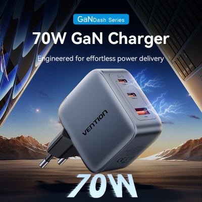 Зарядний пристрій Vention GaN 70W 2xUSB-C PD + USB-A QC3.0 сірий (FEXH0-EU)
