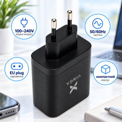 Зарядний пристрій Vinga 65W 2xUSB-C+USB-A VCR65ACCDB