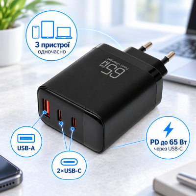 Зарядний пристрій Vinga 65W 2xUSB-C+USB-A VCR65ACCDB
