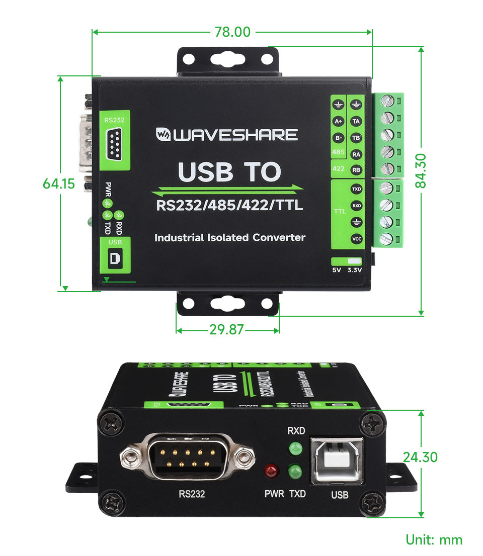 Промисловий USB конвертер до RS232/RS485/RS422/TTL Waveshare 23996