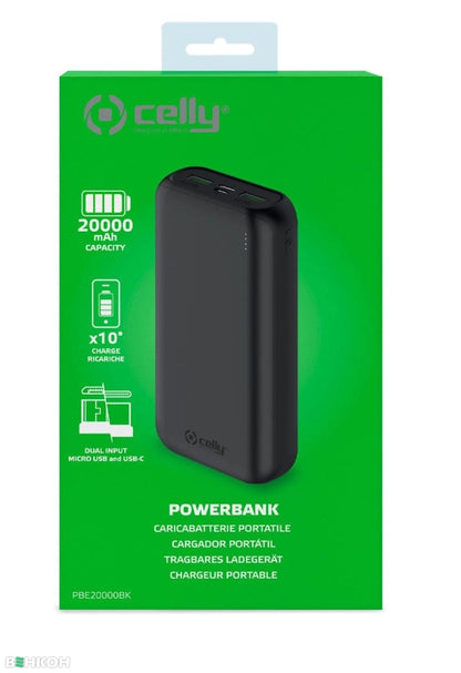 Батарея універсальна Celly Energy 20000mAh Inp:USB-C/Micro-USB, Out:USB-A*2(5V/2.1A) black (PBE20000BK)