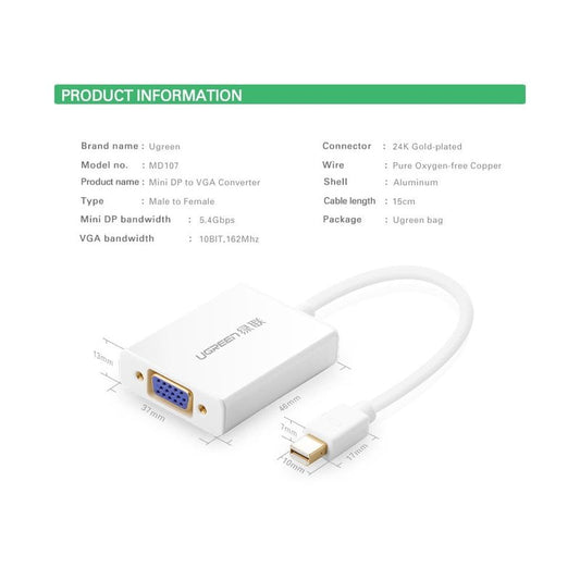 Переходник Mini DisplayPort to VGA для Apple MacBook Air/Pro/iMac/Mac/Surface Pro Ugreen MD107