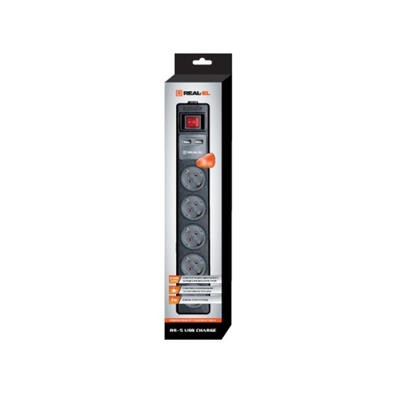 Подовжувач мережі REAL-EL RS-5 USB CHARGE 1.8m/black (EL122500002)
